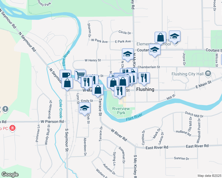 map of restaurants, bars, coffee shops, grocery stores, and more near 104 N Maple St in Flushing