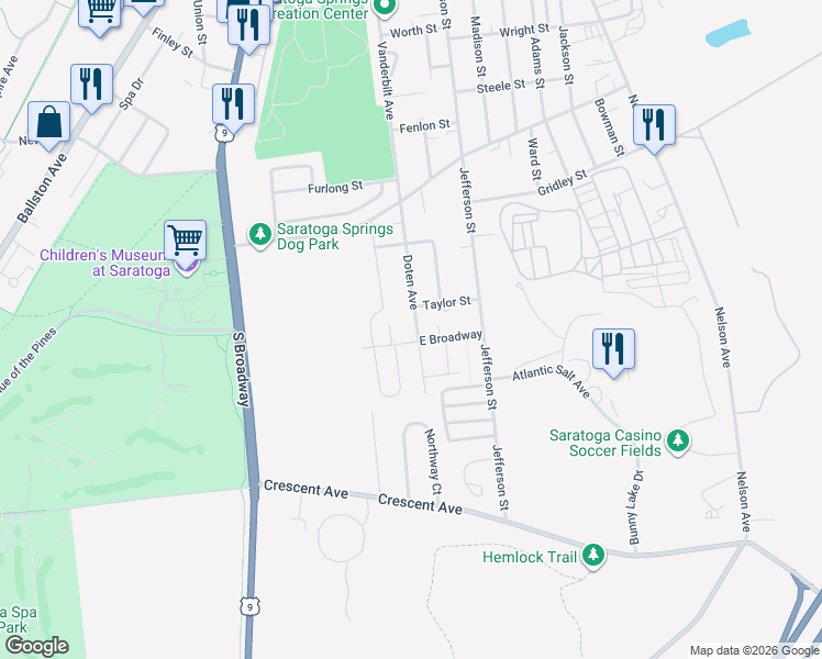 map of restaurants, bars, coffee shops, grocery stores, and more near 51 Doten Avenue in Saratoga Springs
