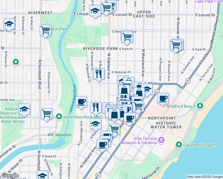 map of restaurants, bars, coffee shops, grocery stores, and more near 2480 North Oakland Avenue in Milwaukee