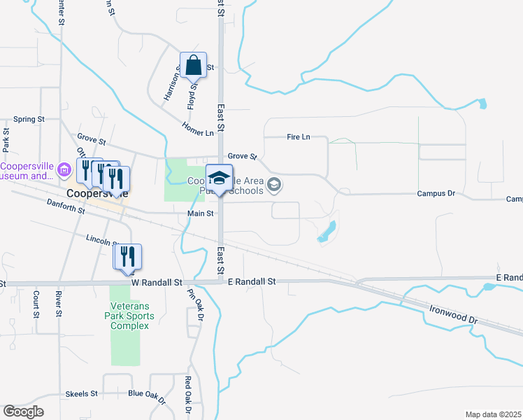 map of restaurants, bars, coffee shops, grocery stores, and more near 198 East Street in Coopersville