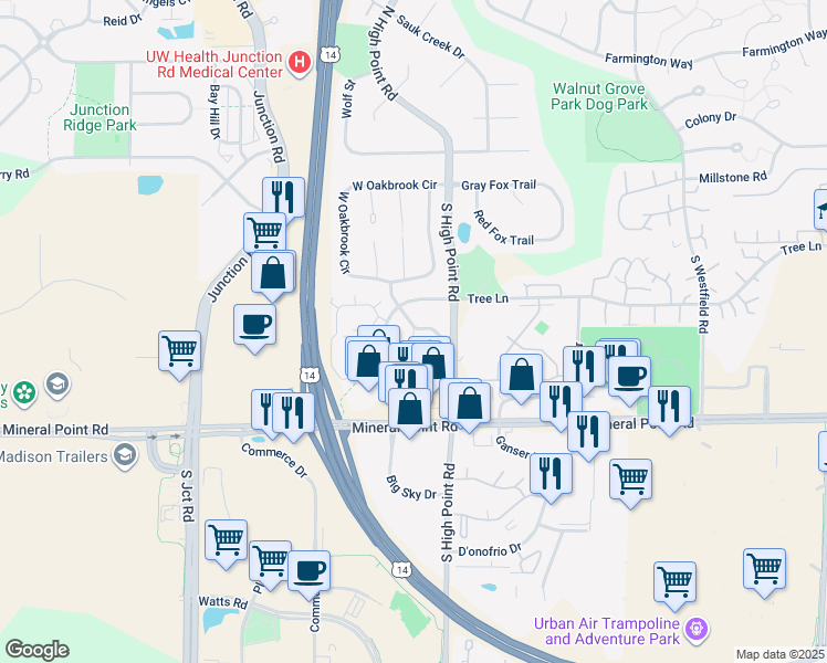 map of restaurants, bars, coffee shops, grocery stores, and more near 7861 East Oakbridge Way in Madison