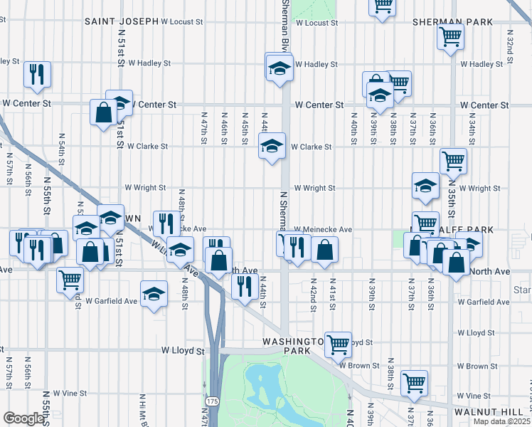 map of restaurants, bars, coffee shops, grocery stores, and more near 2428 North 44th Street in Milwaukee