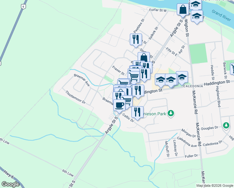 map of restaurants, bars, coffee shops, grocery stores, and more near 341 Argyle Street South in Caledonia