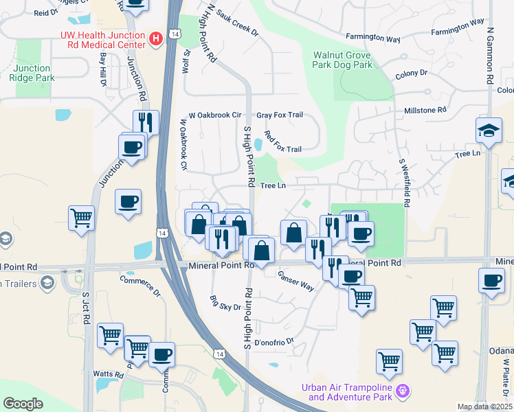 map of restaurants, bars, coffee shops, grocery stores, and more near 221 South High Point Road in Madison