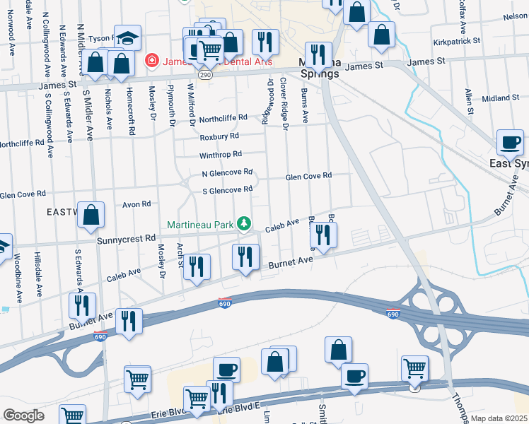 map of restaurants, bars, coffee shops, grocery stores, and more near 123 Aberdeen Terrace in Syracuse
