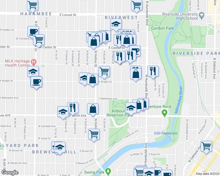 map of restaurants, bars, coffee shops, grocery stores, and more near 2451 North Pierce Street in Milwaukee