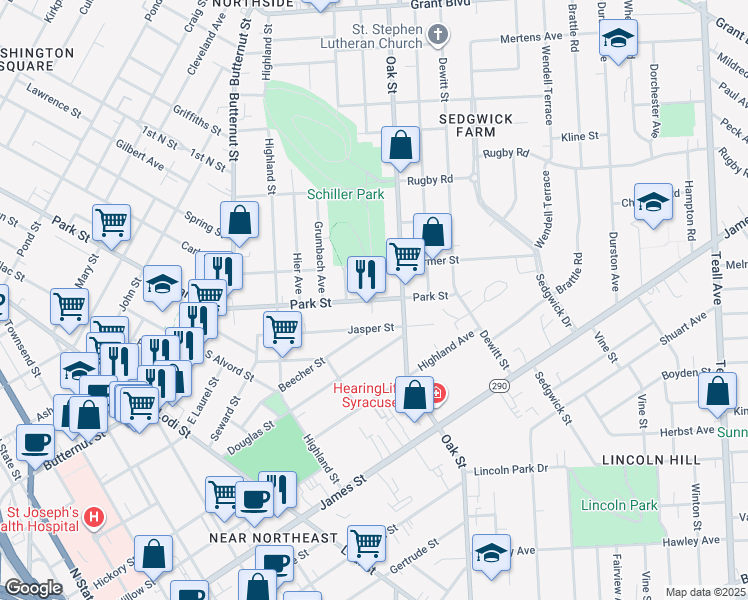 map of restaurants, bars, coffee shops, grocery stores, and more near Park Street & Whitwell Drive in Syracuse