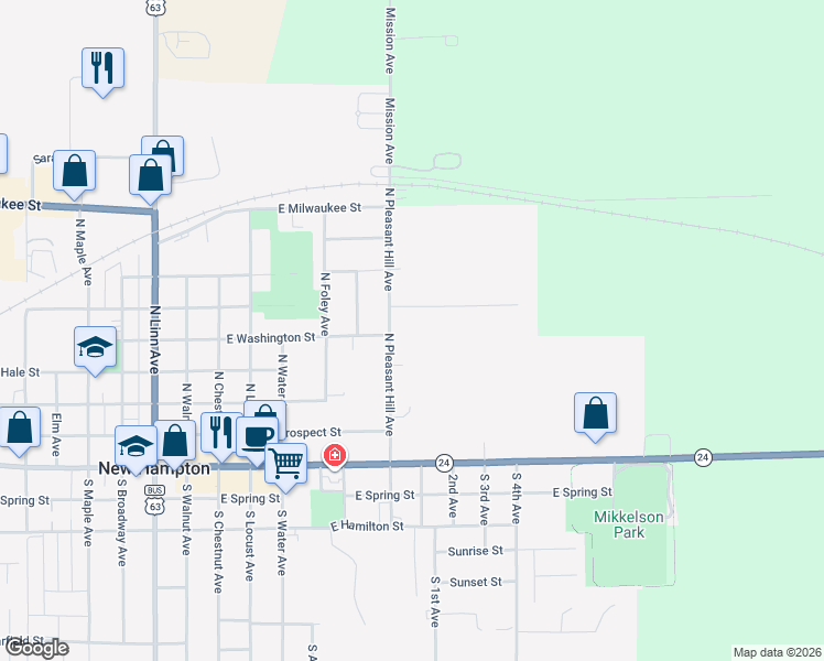 map of restaurants, bars, coffee shops, grocery stores, and more near 401 North Pleasant Hill Avenue in New Hampton