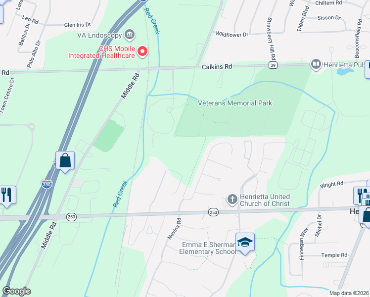 map of restaurants, bars, coffee shops, grocery stores, and more near 1282 Lehigh Station Road in Henrietta