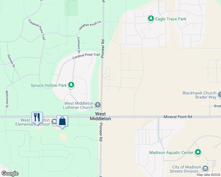 map of restaurants, bars, coffee shops, grocery stores, and more near 3828 Pioneer Road in Verona