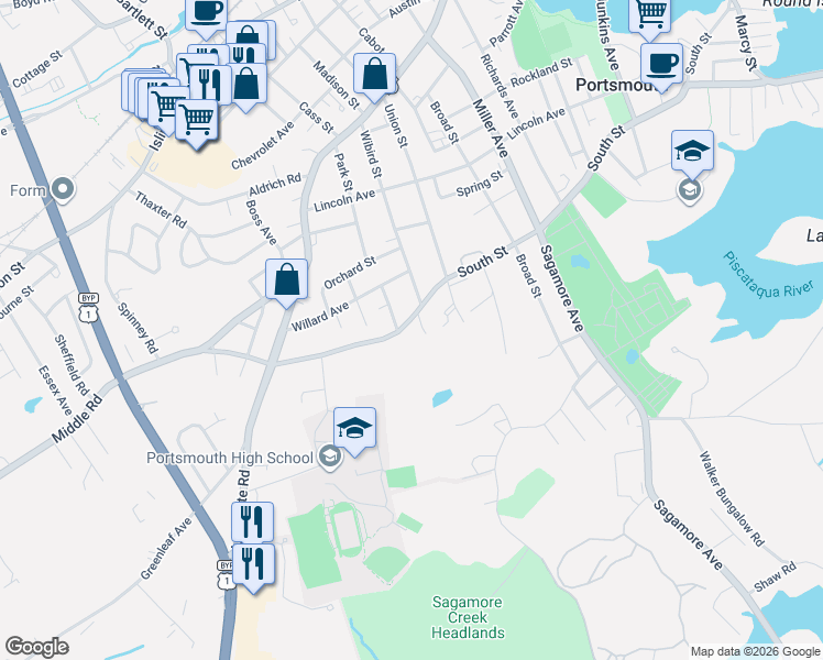 map of restaurants, bars, coffee shops, grocery stores, and more near 98 Rand Court in Portsmouth