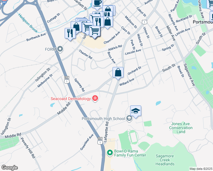 map of restaurants, bars, coffee shops, grocery stores, and more near 165 Middle Road in Portsmouth