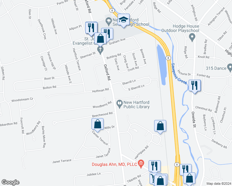 map of restaurants, bars, coffee shops, grocery stores, and more near 121 Oxford Road in New Hartford