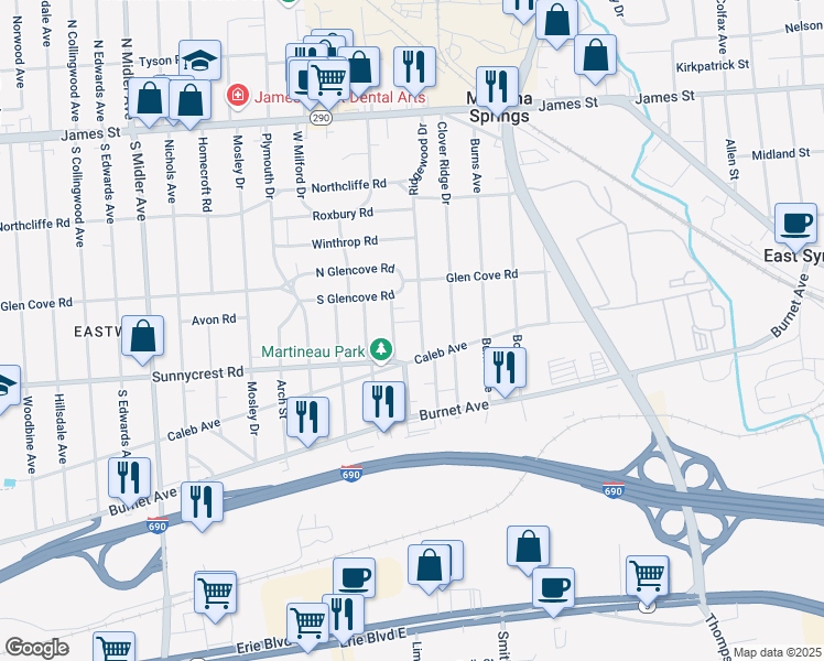 map of restaurants, bars, coffee shops, grocery stores, and more near 123 Aberdeen Terrace in Syracuse