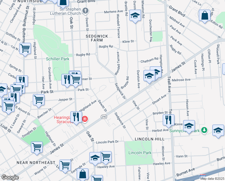 map of restaurants, bars, coffee shops, grocery stores, and more near 111 Burlingame Road in Syracuse