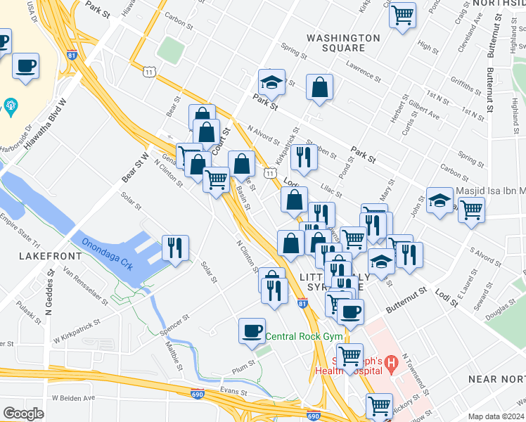 map of restaurants, bars, coffee shops, grocery stores, and more near 113 Titus Alley in Syracuse