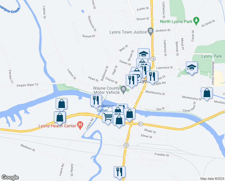 map of restaurants, bars, coffee shops, grocery stores, and more near 37 Pearl Street in Lyons