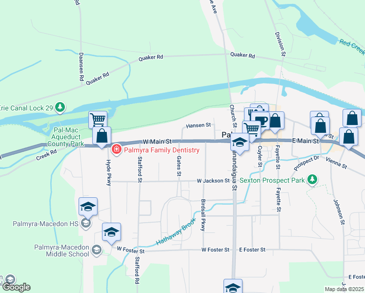 map of restaurants, bars, coffee shops, grocery stores, and more near 235 West Main Street in Palmyra