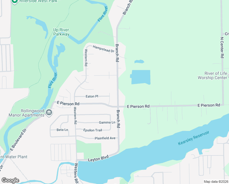 map of restaurants, bars, coffee shops, grocery stores, and more near 5306 Winsford Byway in Flint