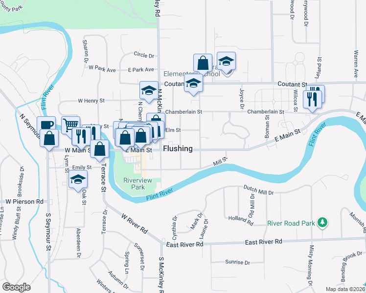 map of restaurants, bars, coffee shops, grocery stores, and more near 407 East Main Street in Flushing