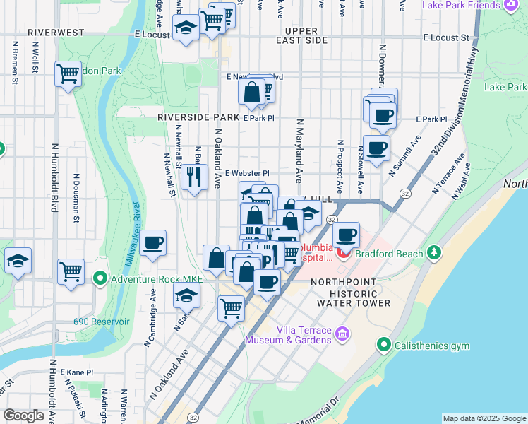 map of restaurants, bars, coffee shops, grocery stores, and more near 2019 East Bradford Avenue in Milwaukee