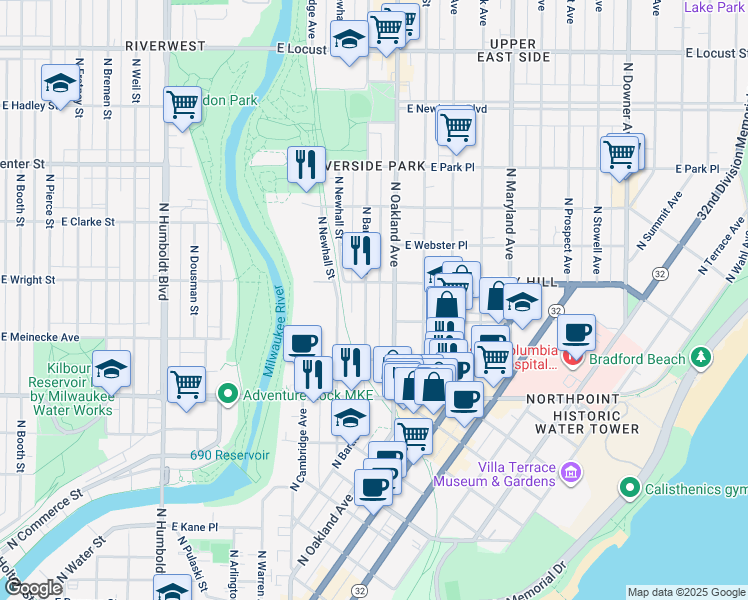 map of restaurants, bars, coffee shops, grocery stores, and more near 2497-2499 North Bartlett Avenue in Milwaukee