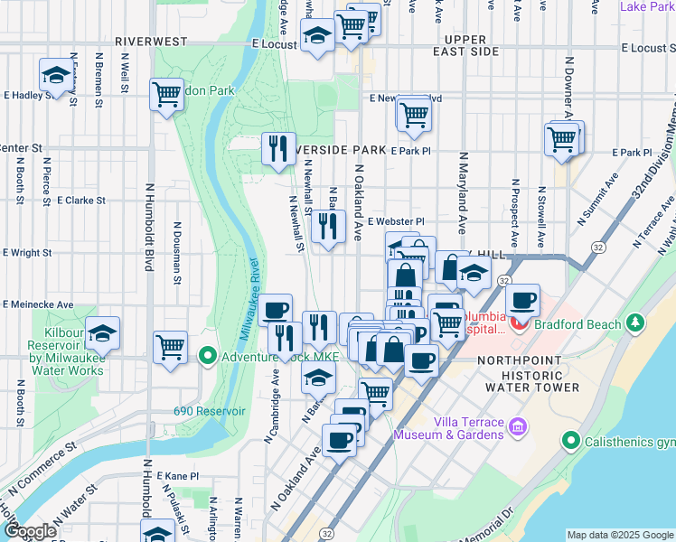 map of restaurants, bars, coffee shops, grocery stores, and more near 2497-2499 North Bartlett Avenue in Milwaukee