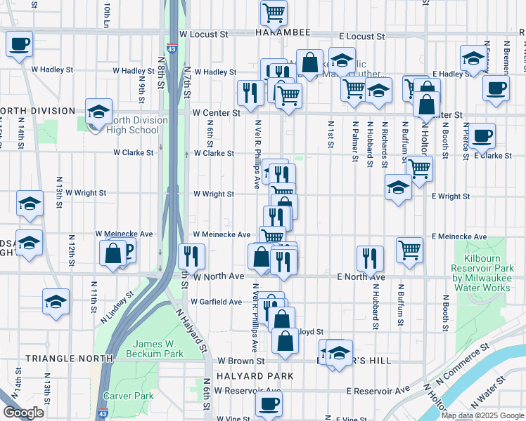 map of restaurants, bars, coffee shops, grocery stores, and more near 2449 North Doctor Martin Luther King Junior Drive in Milwaukee