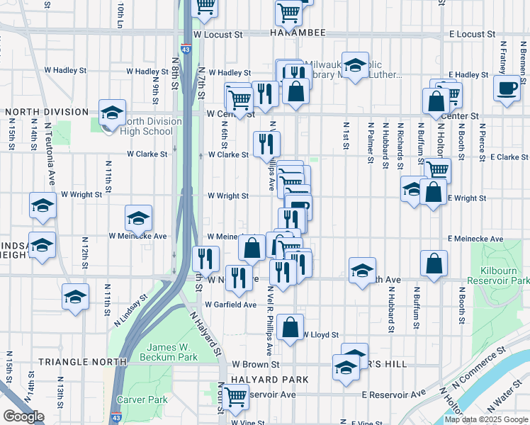 map of restaurants, bars, coffee shops, grocery stores, and more near 2464-2466 North 5th Street in Milwaukee