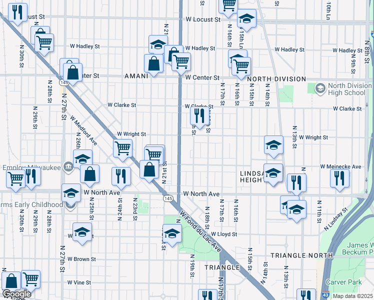 map of restaurants, bars, coffee shops, grocery stores, and more near 2459 North 20th Street in Milwaukee