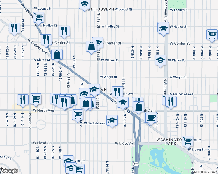 map of restaurants, bars, coffee shops, grocery stores, and more near 2447 North 50th Street in Milwaukee