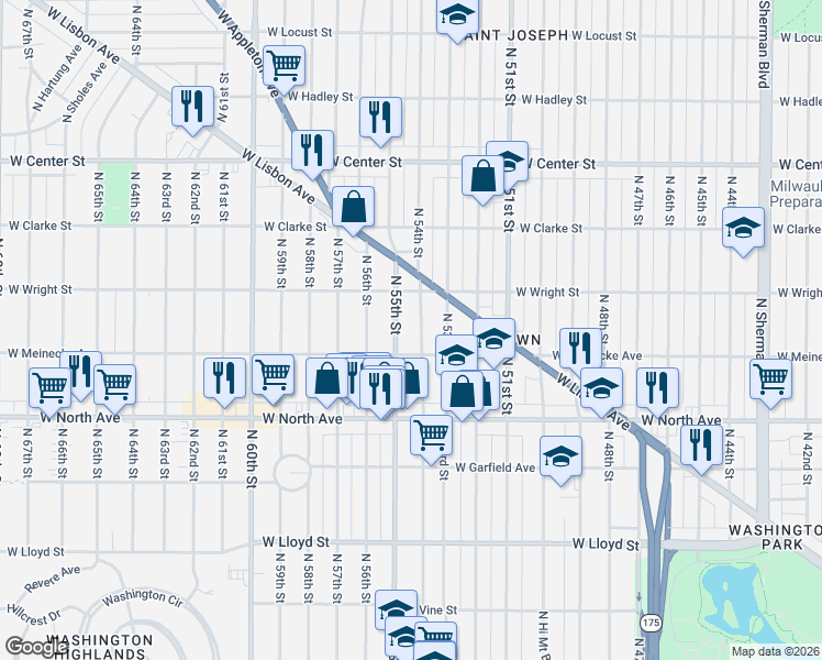 map of restaurants, bars, coffee shops, grocery stores, and more near 2445 North 54th Street in Milwaukee