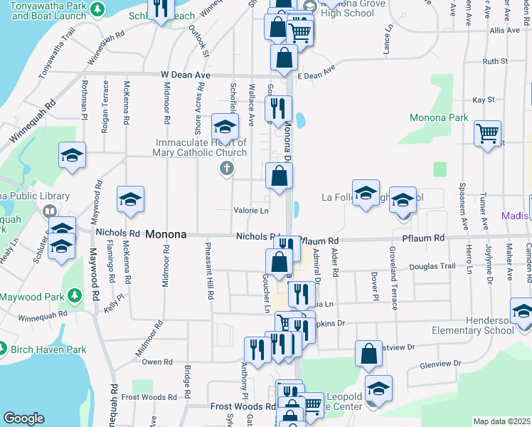 map of restaurants, bars, coffee shops, grocery stores, and more near 203 Valorie Lane in Monona