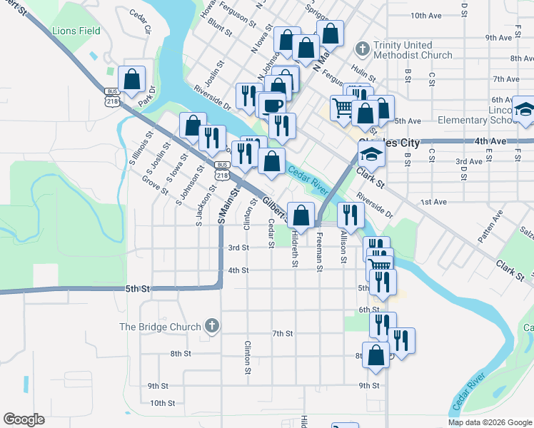 map of restaurants, bars, coffee shops, grocery stores, and more near 408 Clinton Street in Charles City