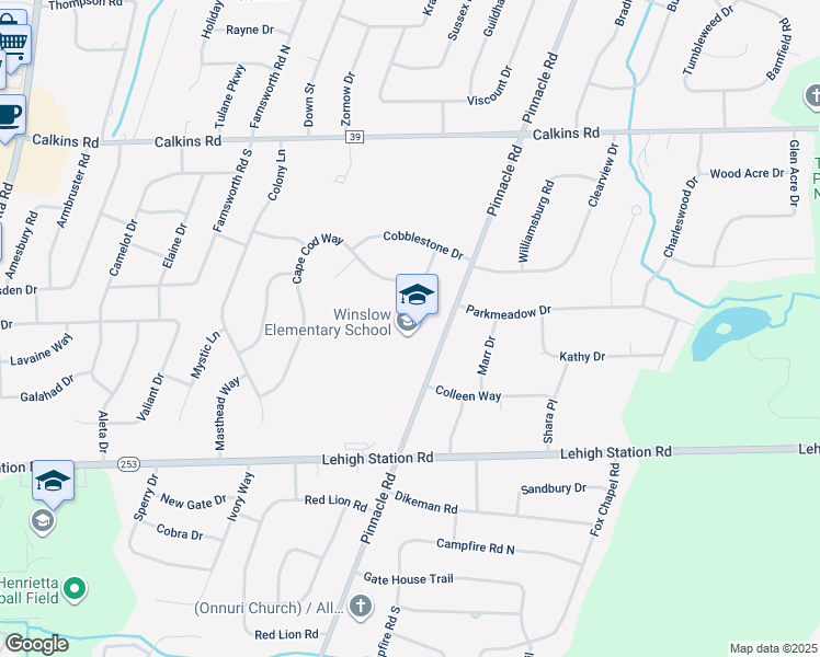 map of restaurants, bars, coffee shops, grocery stores, and more near 755 Pinnacle Road in Henrietta