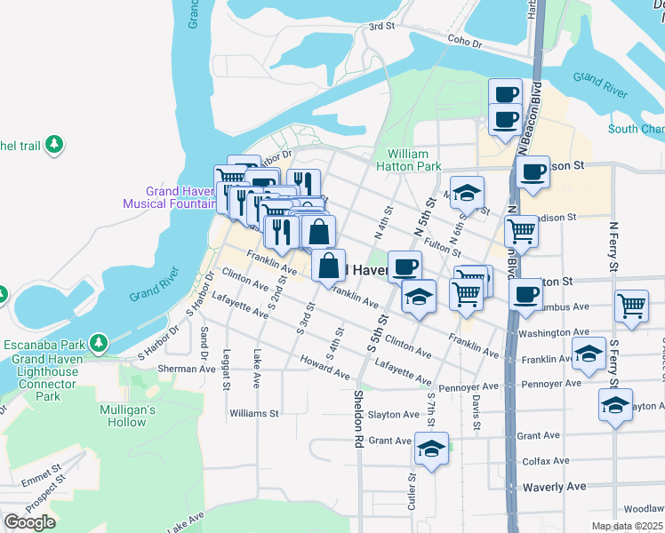 map of restaurants, bars, coffee shops, grocery stores, and more near in Grand Haven