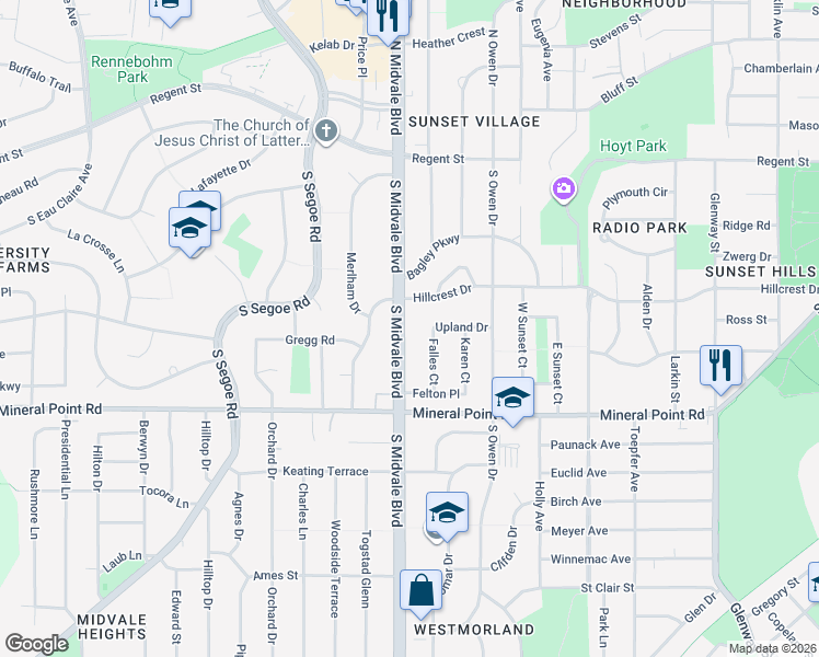 map of restaurants, bars, coffee shops, grocery stores, and more near 205 South Midvale Boulevard in Madison