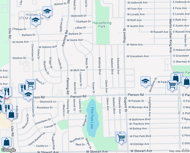map of restaurants, bars, coffee shops, grocery stores, and more near 5509 Susan Street in Flint