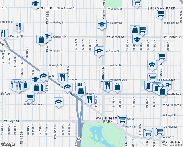 map of restaurants, bars, coffee shops, grocery stores, and more near 2445 North 44th Street in Milwaukee