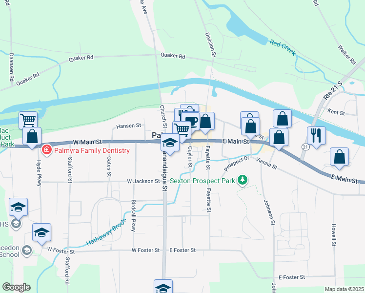 map of restaurants, bars, coffee shops, grocery stores, and more near 170 East Main Street in Palmyra