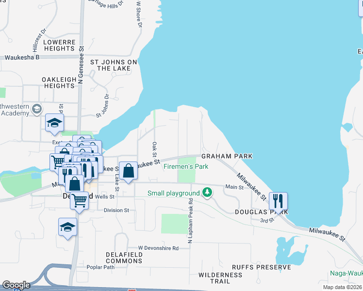 map of restaurants, bars, coffee shops, grocery stores, and more near 1000 Nagawicka Street in Delafield