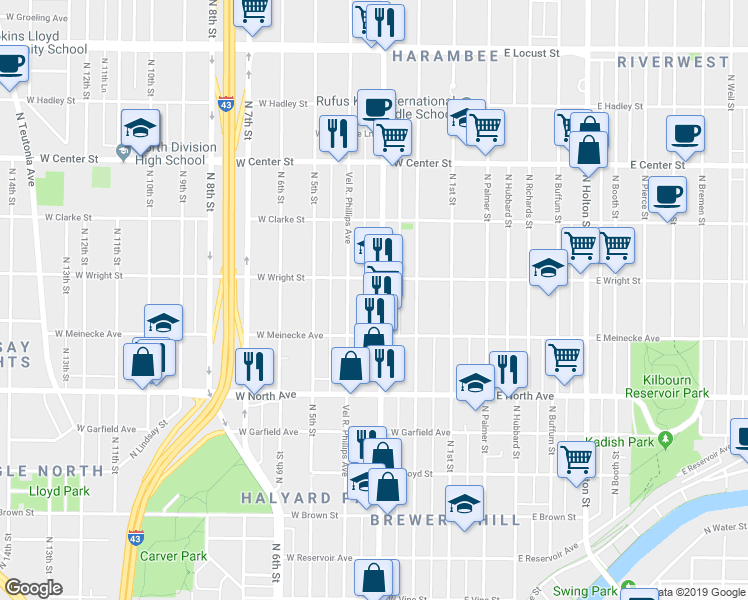 map of restaurants, bars, coffee shops, grocery stores, and more near 2449 North Doctor Martin Luther King Junior Drive in Milwaukee