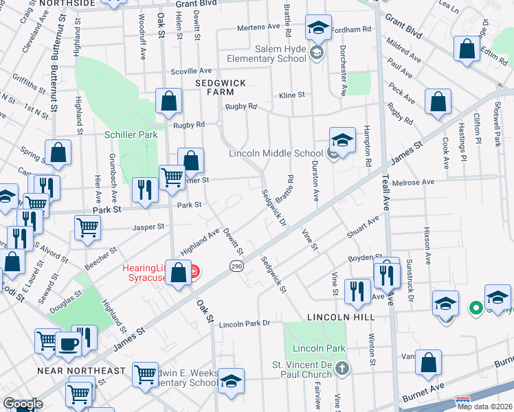 map of restaurants, bars, coffee shops, grocery stores, and more near 111 Burlingame Road in Syracuse