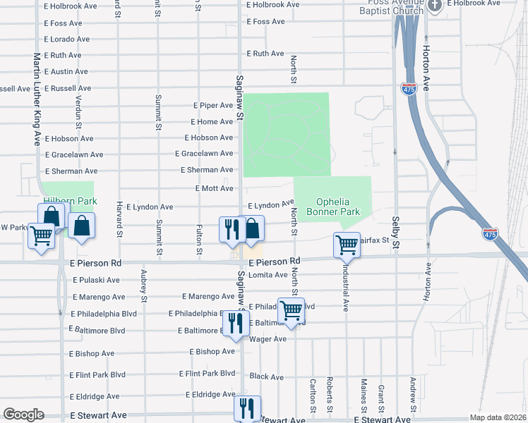 map of restaurants, bars, coffee shops, grocery stores, and more near 730 East Lyndon Avenue in Flint
