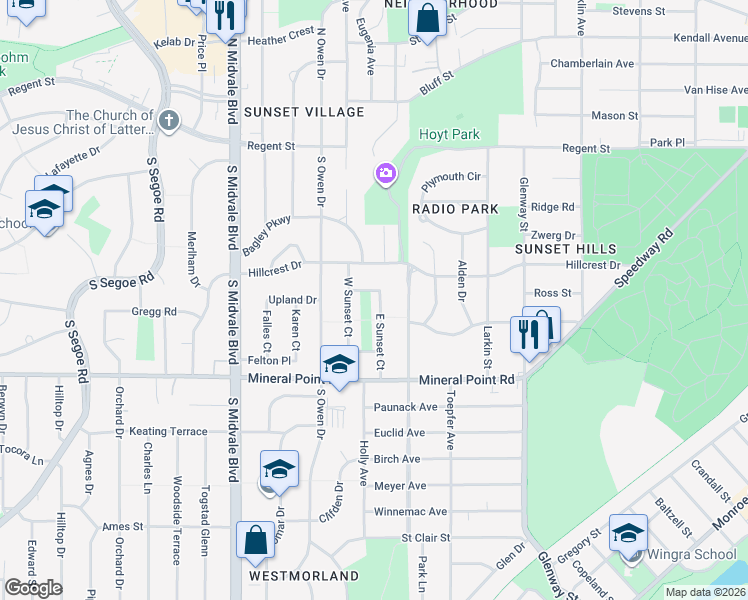map of restaurants, bars, coffee shops, grocery stores, and more near 217 East Sunset Court in Madison