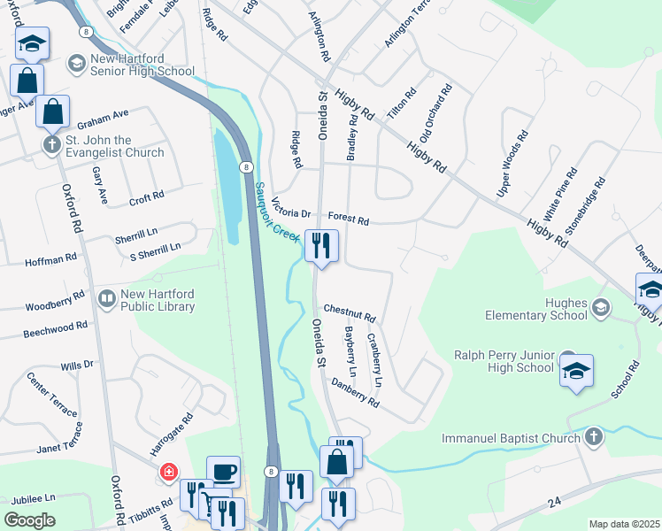 map of restaurants, bars, coffee shops, grocery stores, and more near 42 Bradley Road in Utica