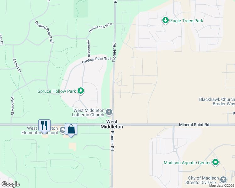 map of restaurants, bars, coffee shops, grocery stores, and more near 3828 Pioneer Road in Verona