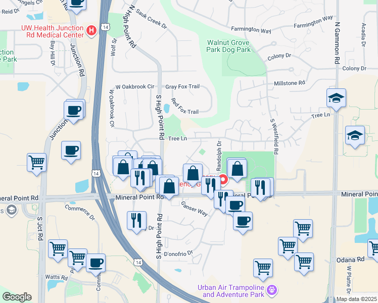 map of restaurants, bars, coffee shops, grocery stores, and more near 7545 Tree Lane in Madison