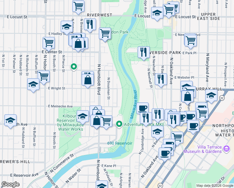 map of restaurants, bars, coffee shops, grocery stores, and more near 2459 North Gordon Place in Milwaukee