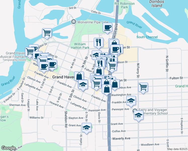 map of restaurants, bars, coffee shops, grocery stores, and more near 610 Fulton Avenue in Grand Haven